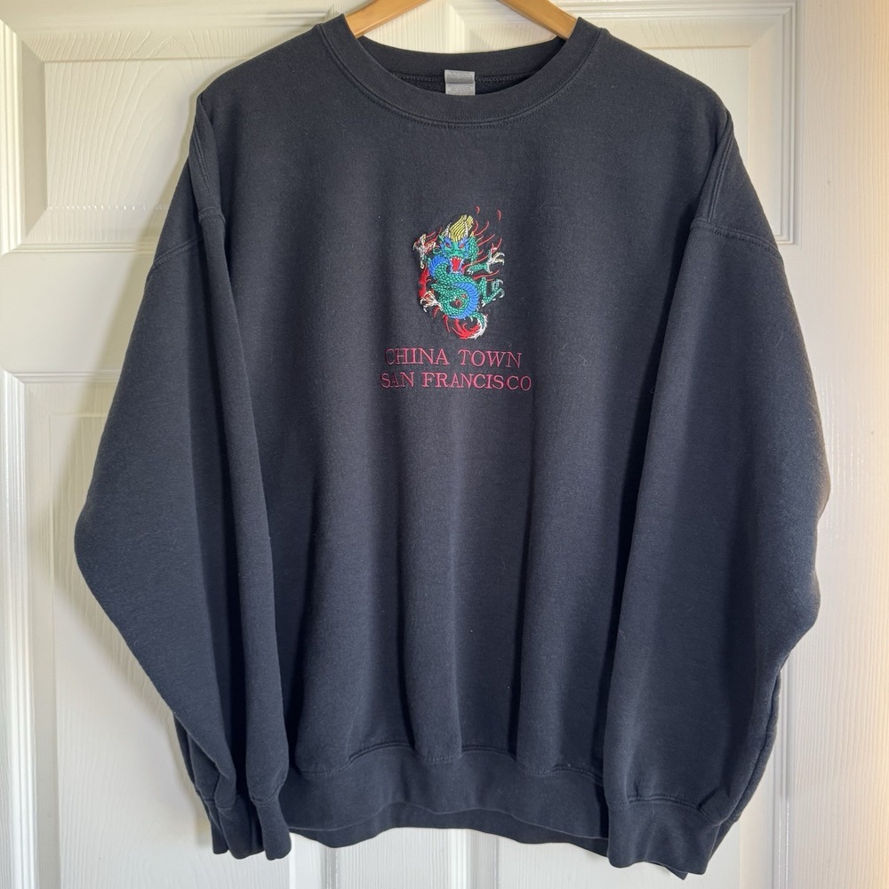Vintage Gildan Chinatown Dragon San Francisco Black L/S Pullover Sweater Size XL